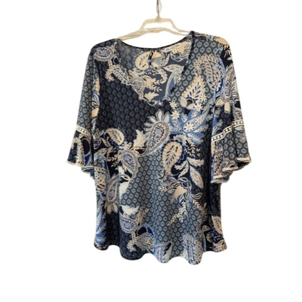 Stem & Vine Womens Blue Paisley Boho Tunic Top 3/4 Bell Sleeve Keyhole 2X EUC
